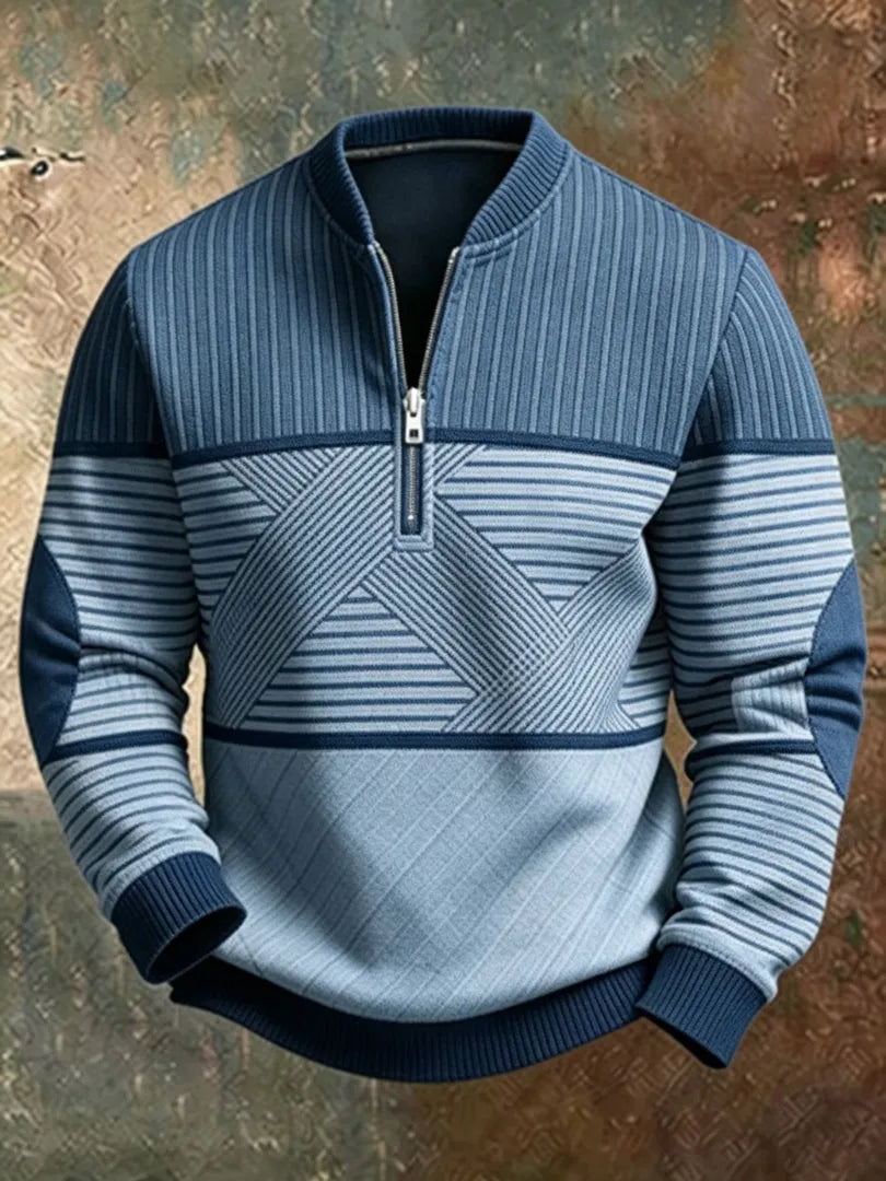 Men's Striped Half-Zip Sweater with Ribbed Trim