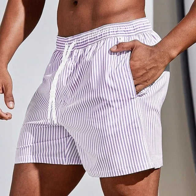 Men's Striped Swim Trunks with Drawstring Waist