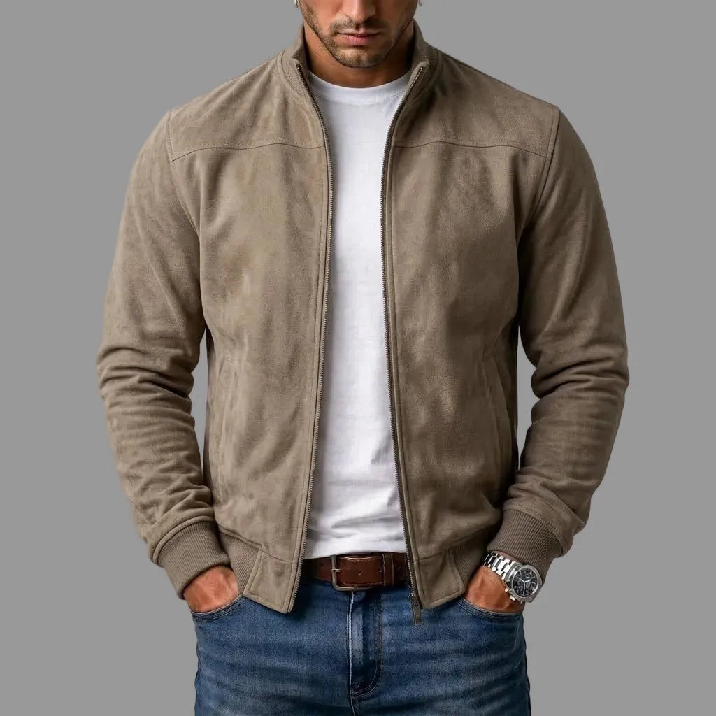 Men's Suede Bomber Jacket with Ribbed Trim