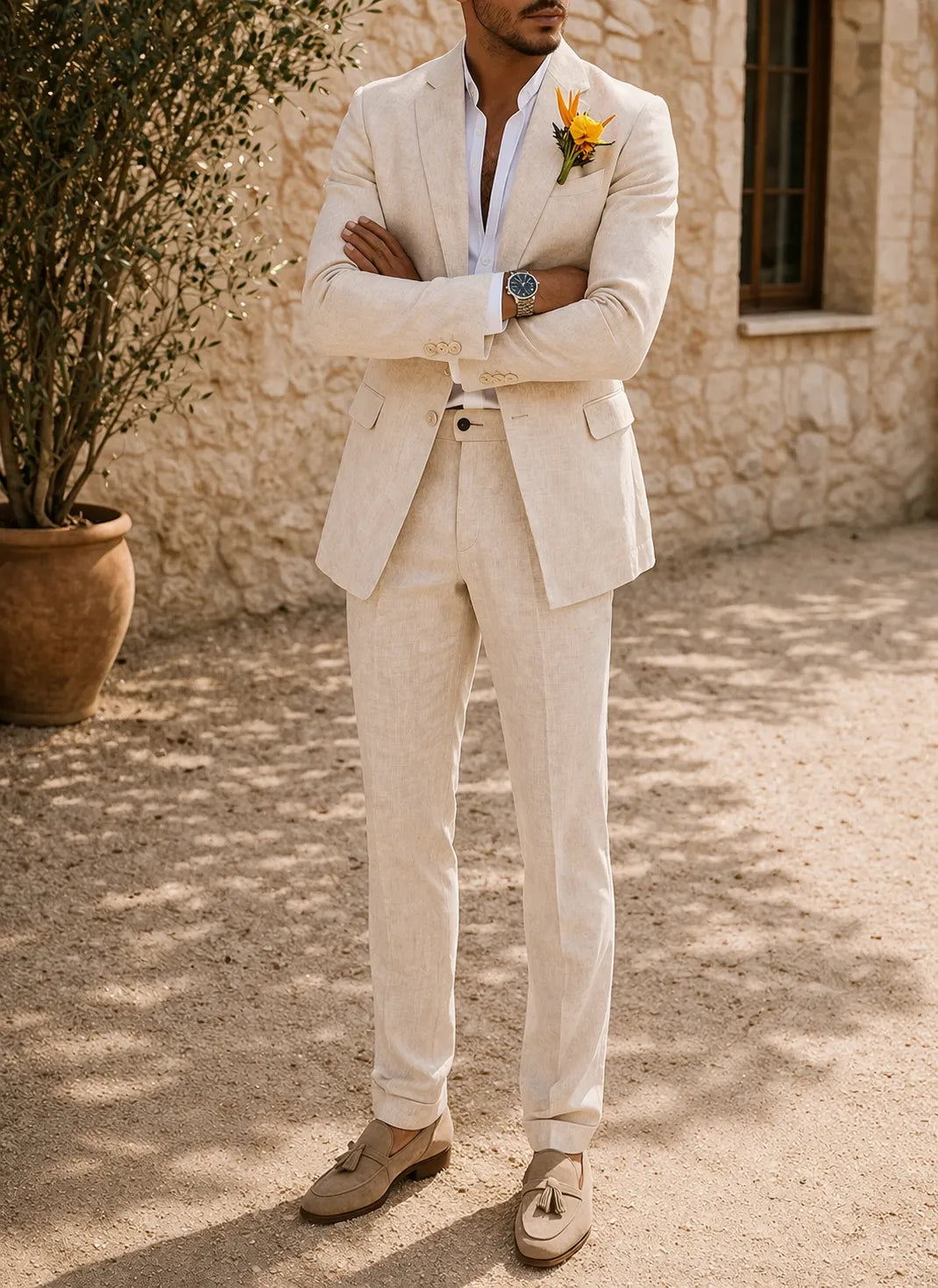 Men's Tailored Linen 2-Piece Suit Set with Matching Blazer