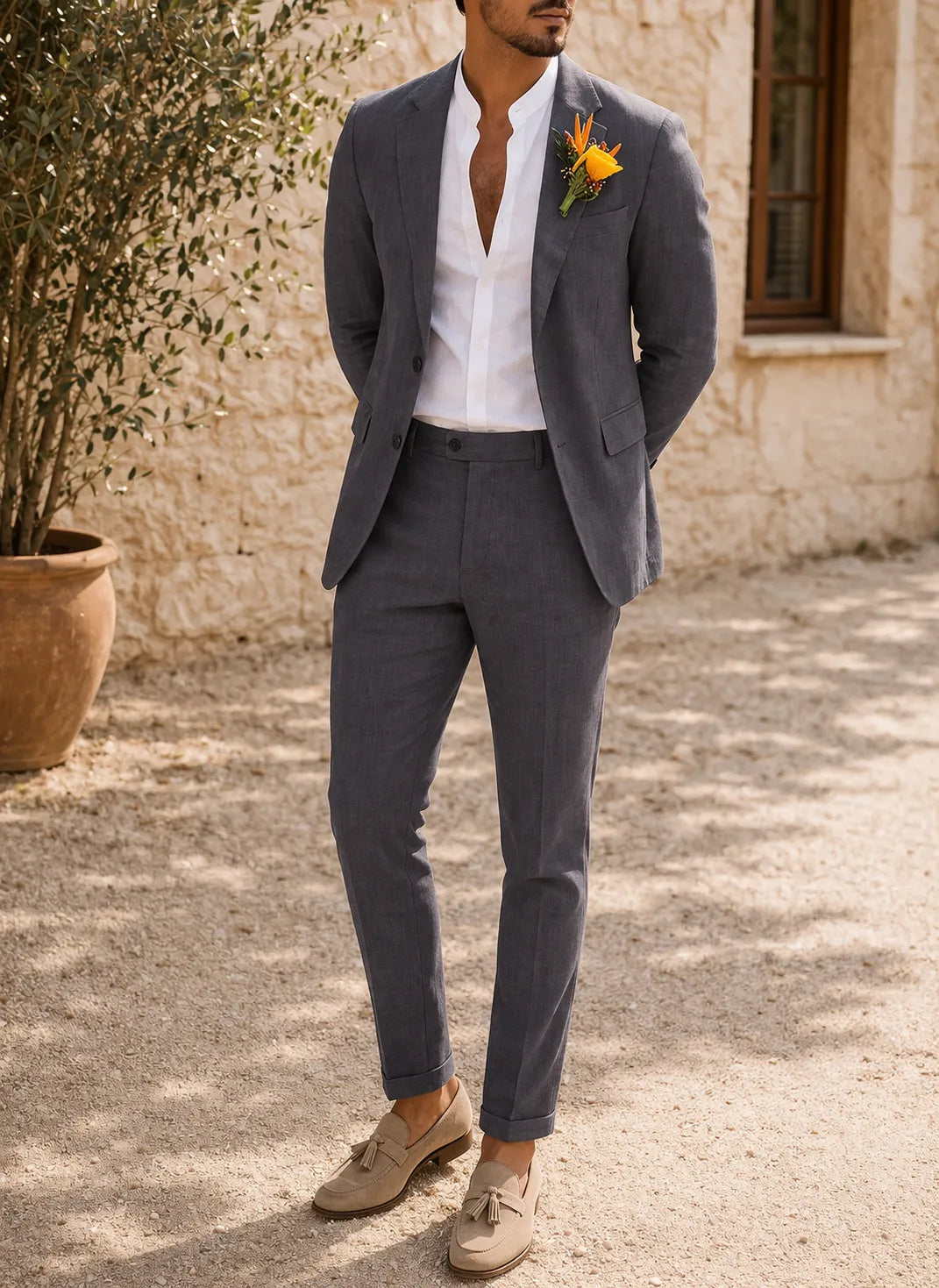 Men's Tailored Linen 2-Piece Suit Set with Matching Blazer