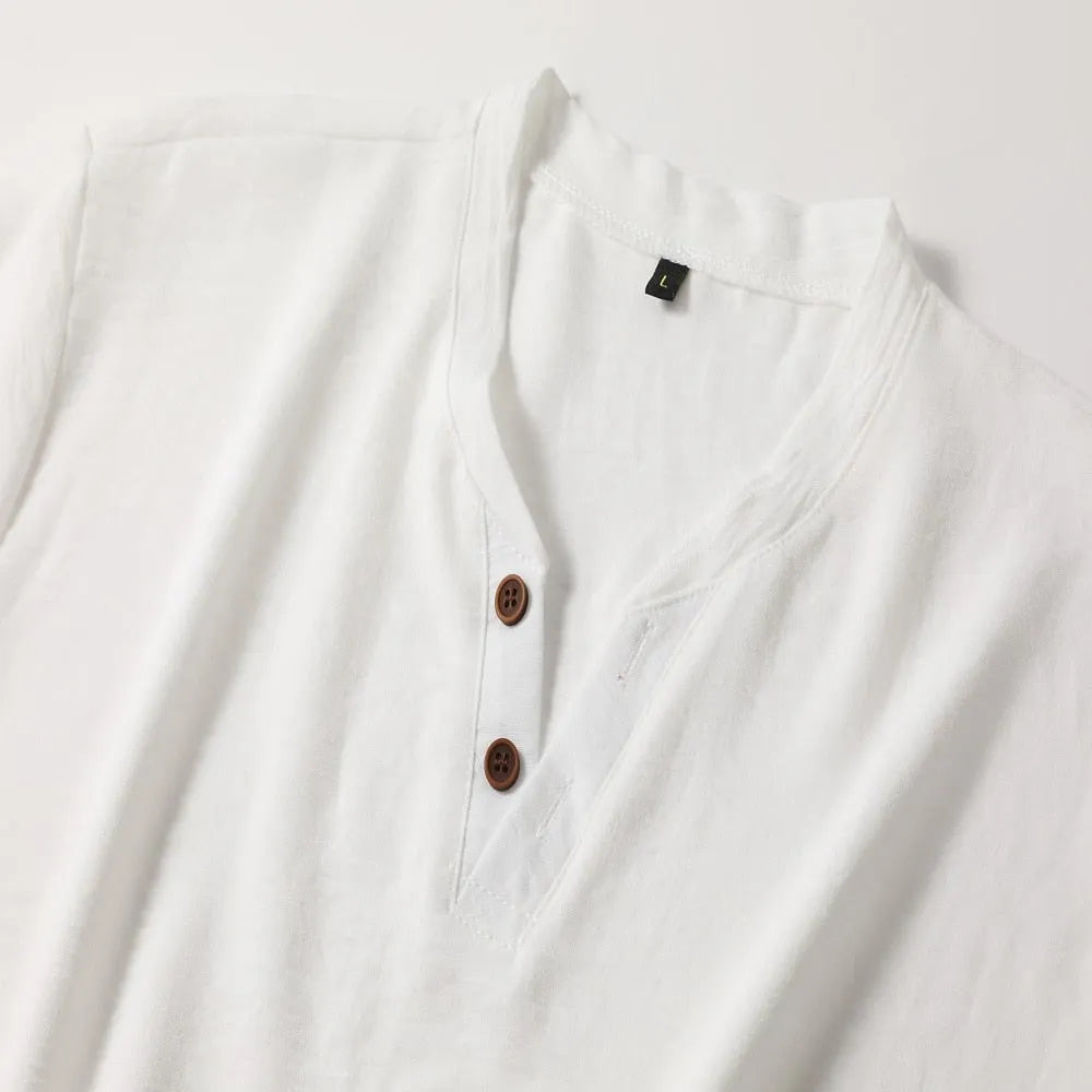Men's V-Neck T-Shirt with Henley Button Placket