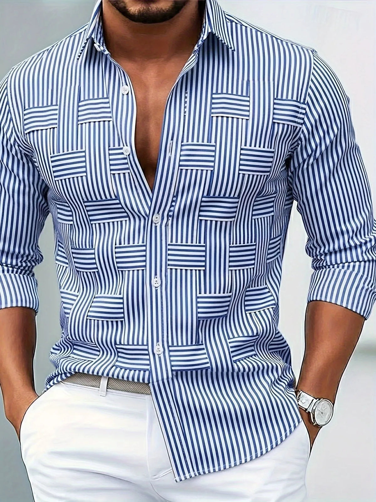 Men's Vintage Striped Long-Sleeve Buttoned Shirt with Distressed Finish