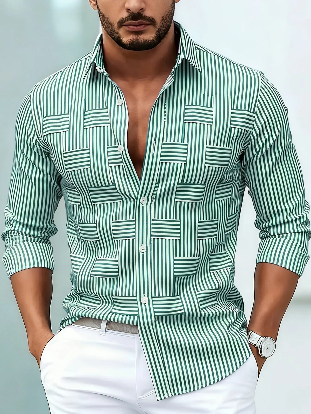 Men's Vintage Striped Long-Sleeve Buttoned Shirt with Distressed Finish
