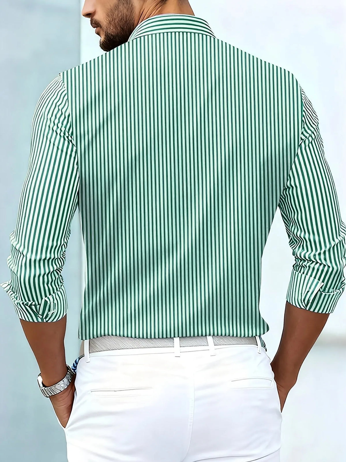 Men's Vintage Striped Long-Sleeve Buttoned Shirt with Distressed Finish