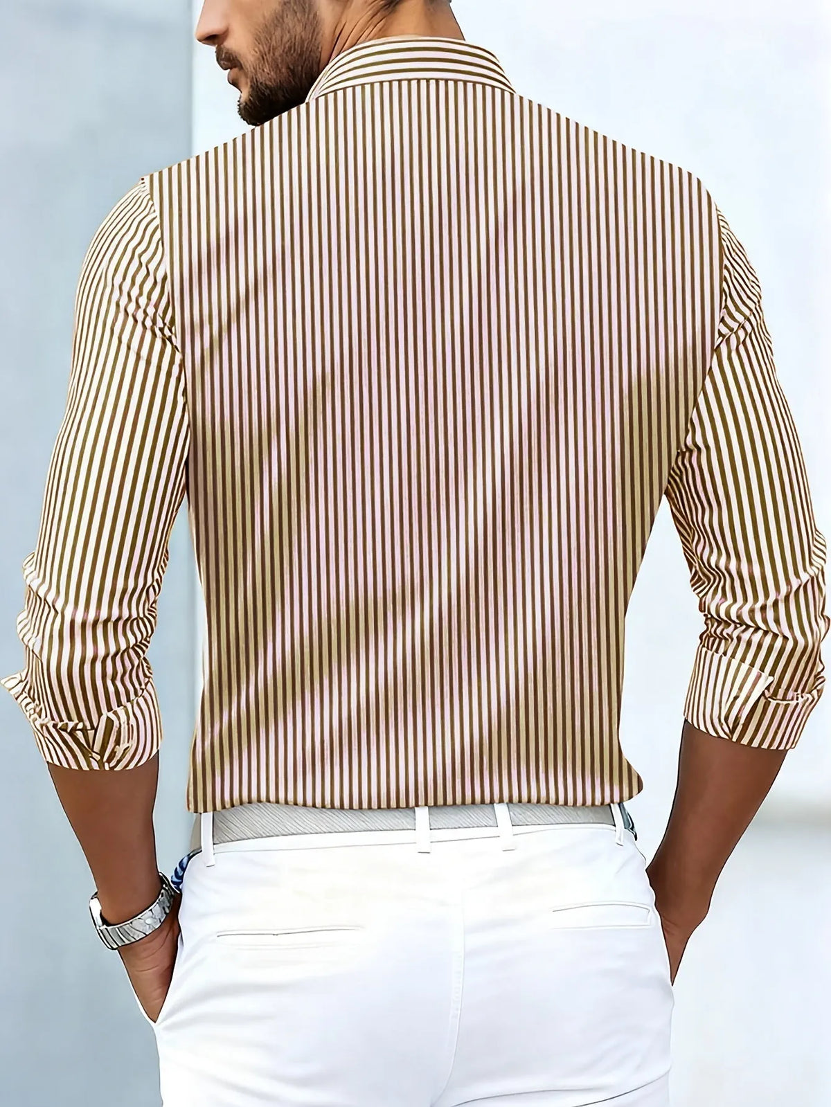 Men's Vintage Striped Long-Sleeve Buttoned Shirt with Distressed Finish