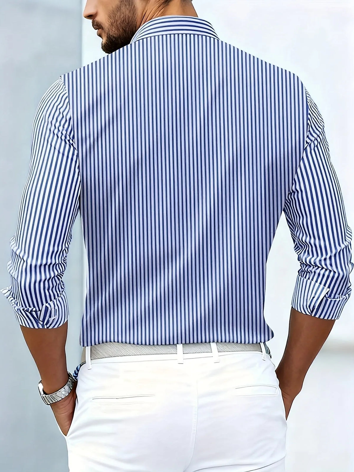 Men's Vintage Striped Long-Sleeve Buttoned Shirt with Distressed Finish