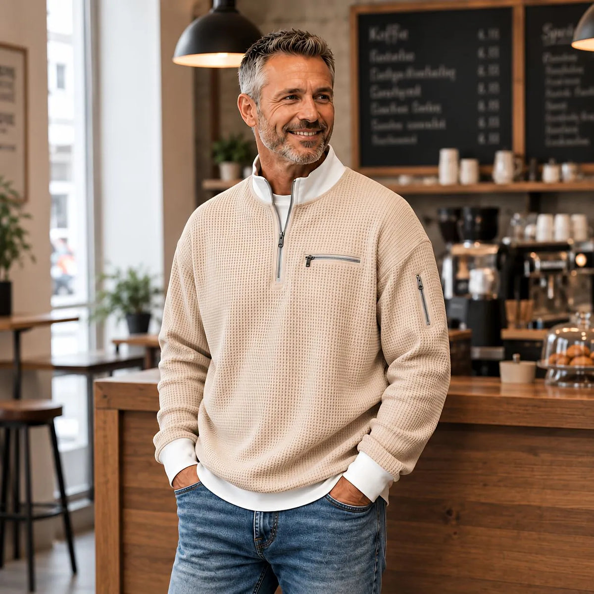 Men's Waffle-Knit Sweater with Quarter-Zip Collar