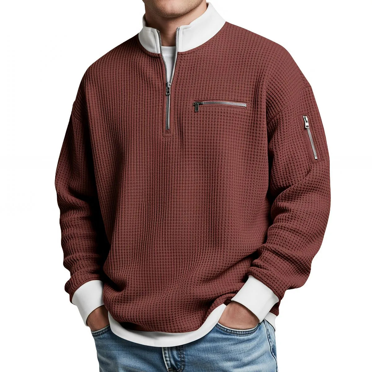 Men's Waffle-Knit Sweater with Quarter-Zip Collar