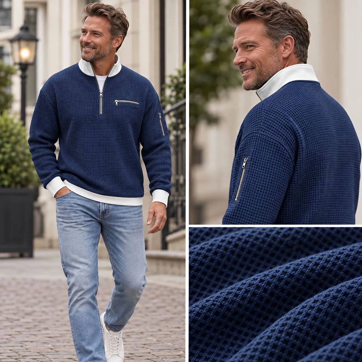 Men's Waffle-Knit Sweater with Quarter-Zip Collar