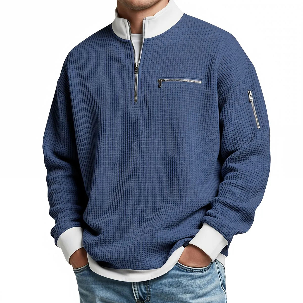 Men's Waffle-Knit Sweater with Quarter-Zip Collar