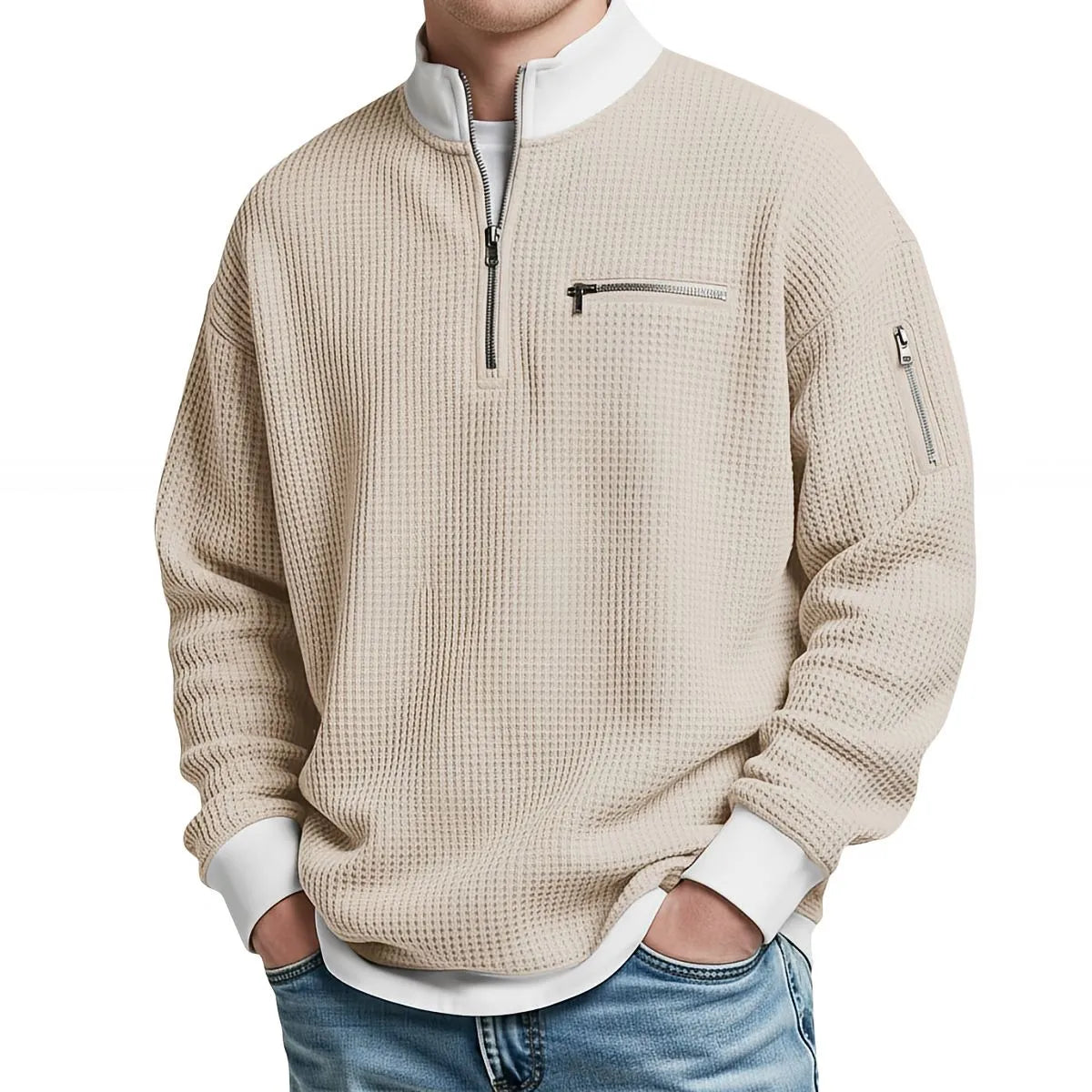 Men's Waffle-Knit Sweater with Quarter-Zip Collar