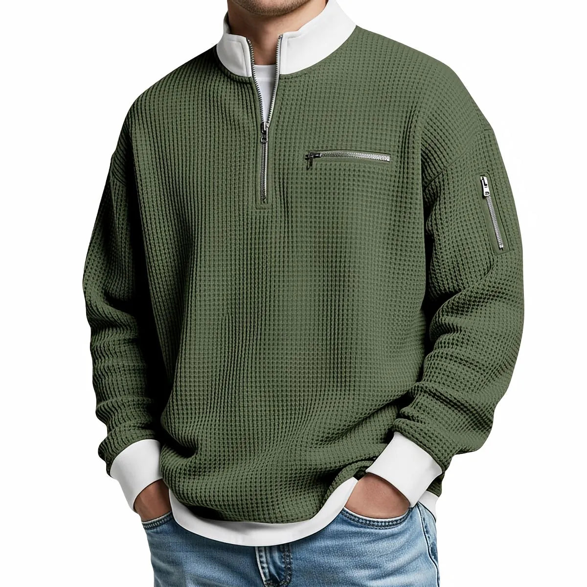 Men's Waffle-Knit Sweater with Quarter-Zip Collar