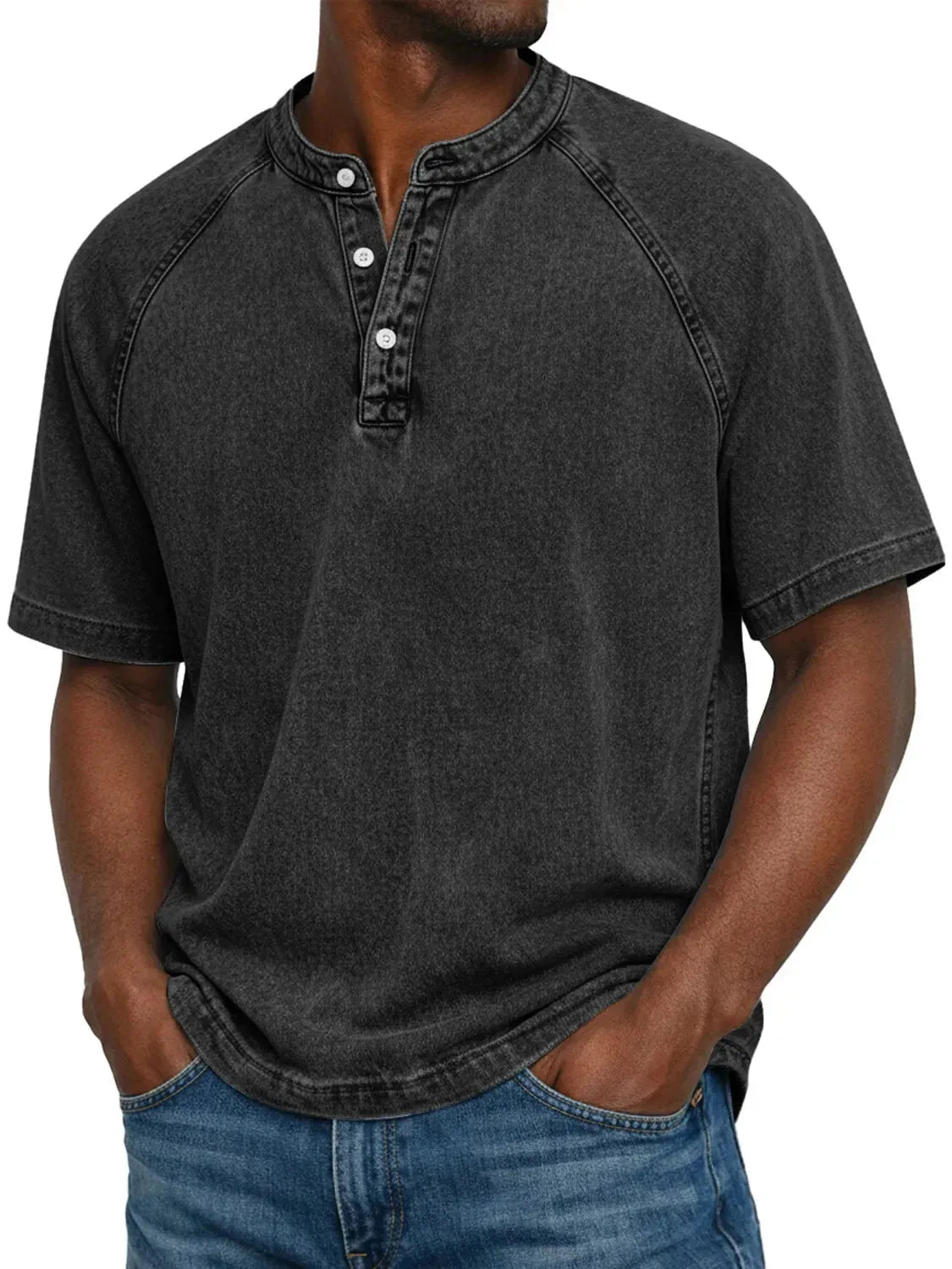 Men's Washed Henley T-Shirt with Raglan Sleeves
