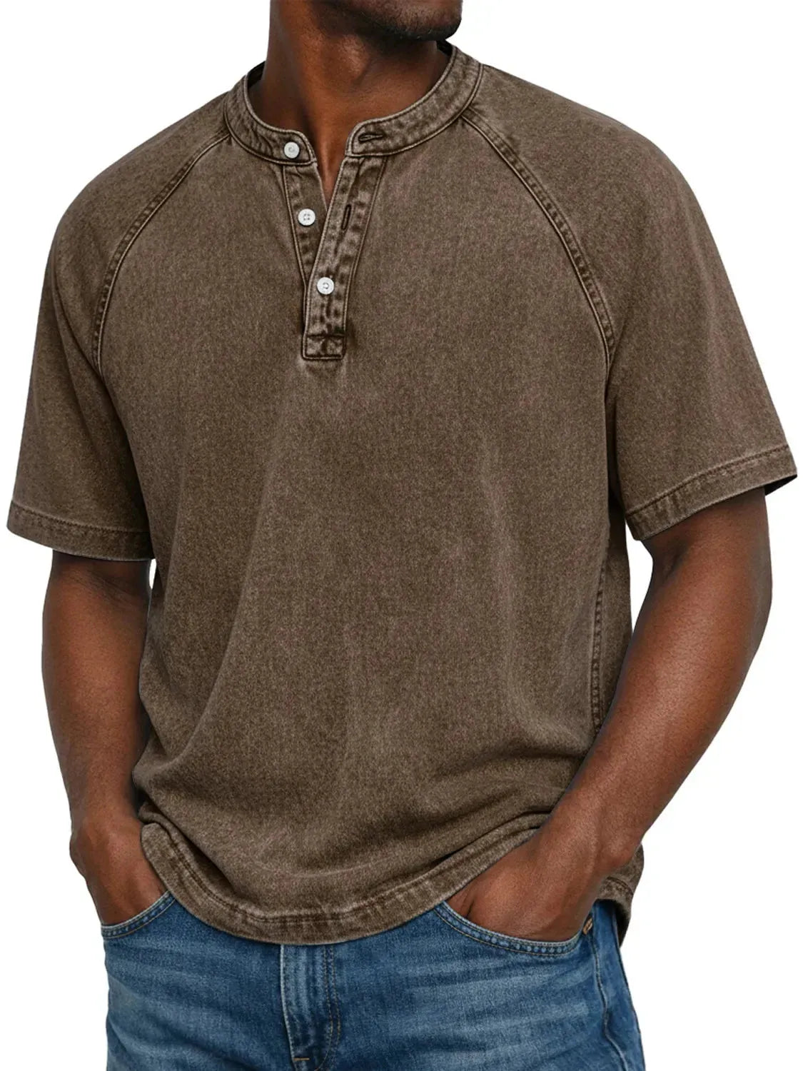 Men's Washed Henley T-Shirt with Raglan Sleeves