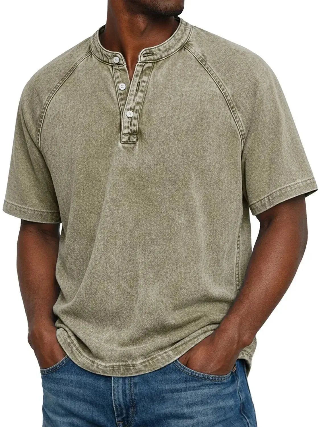 Men's Washed Henley T-Shirt with Raglan Sleeves