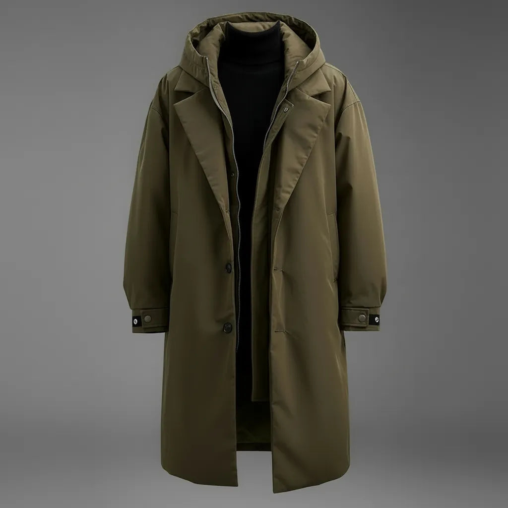 Men's Waterproof Hooded Long Trench Coat with Dual Closure