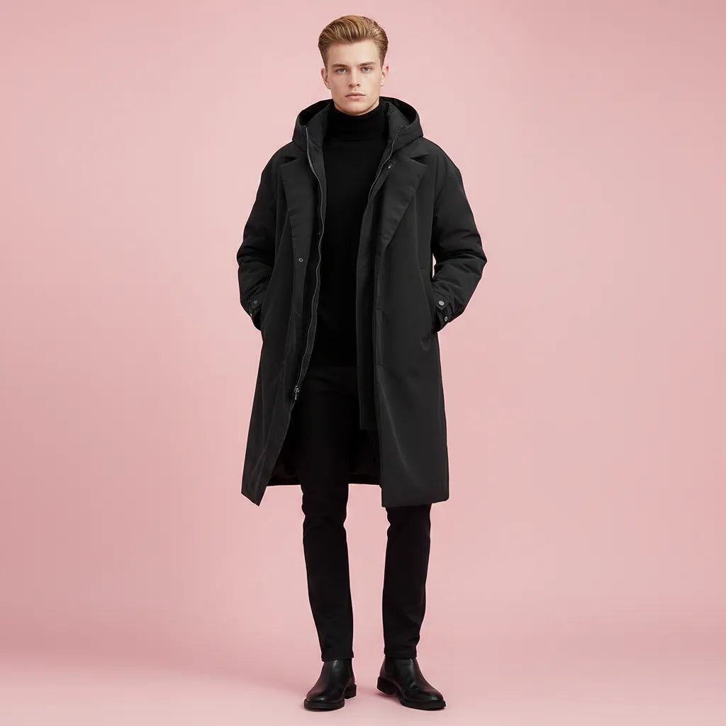 Men's Waterproof Hooded Long Trench Coat with Dual Closure