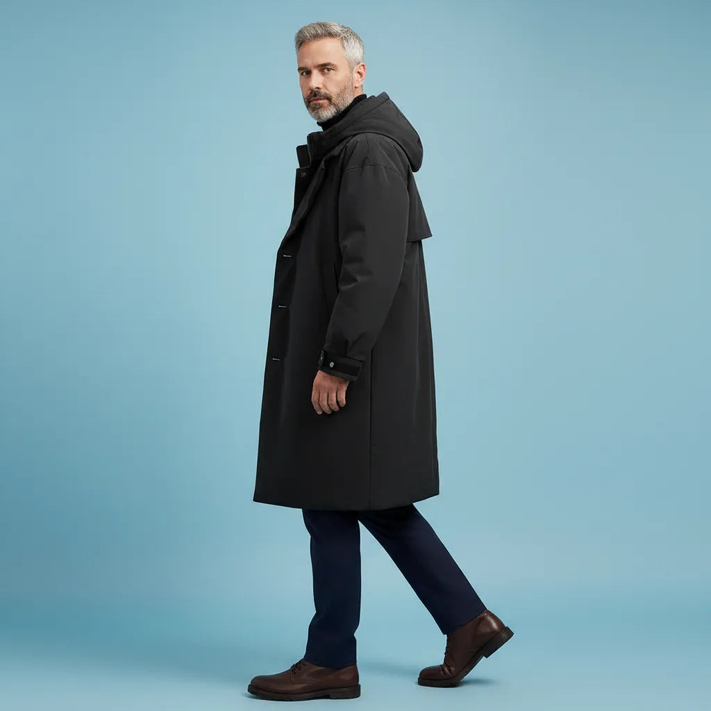 Men's Waterproof Hooded Long Trench Coat with Dual Closure