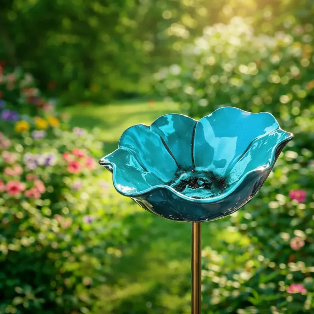 Metal Flower Bird Bath Stake with Ground Spike