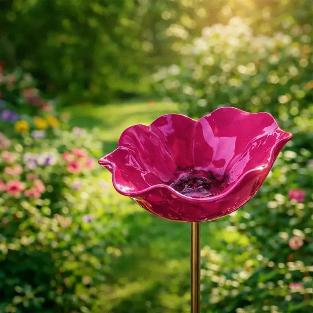 Metal Flower Bird Bath Stake with Ground Spike