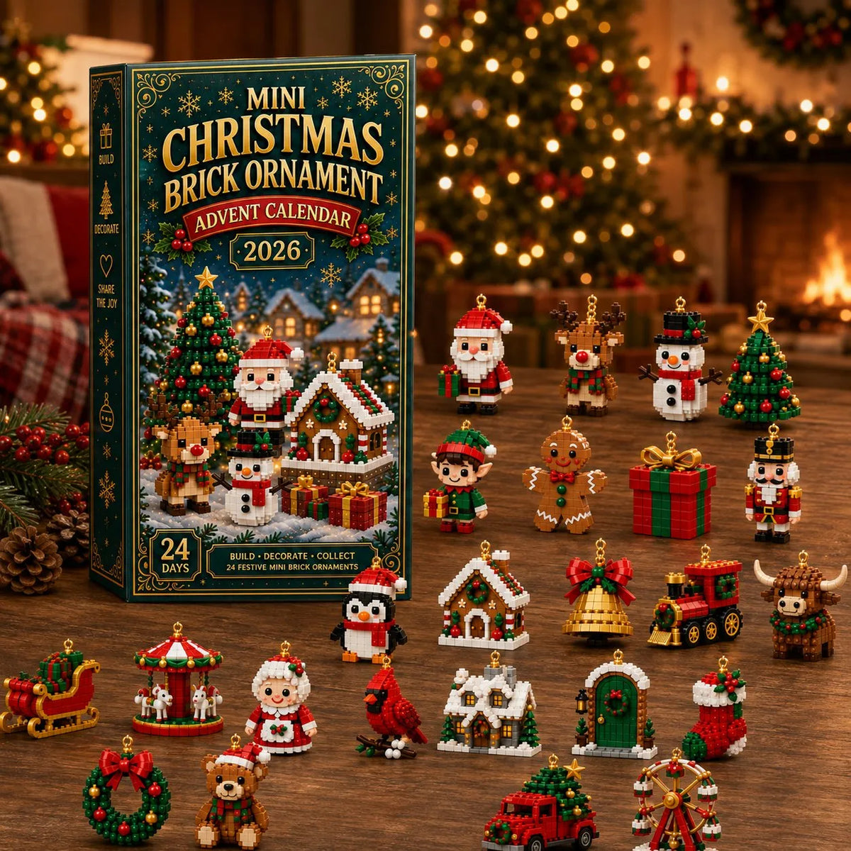 Mini Brick Advent Calendar with 24 Hanging Christmas Building Sets