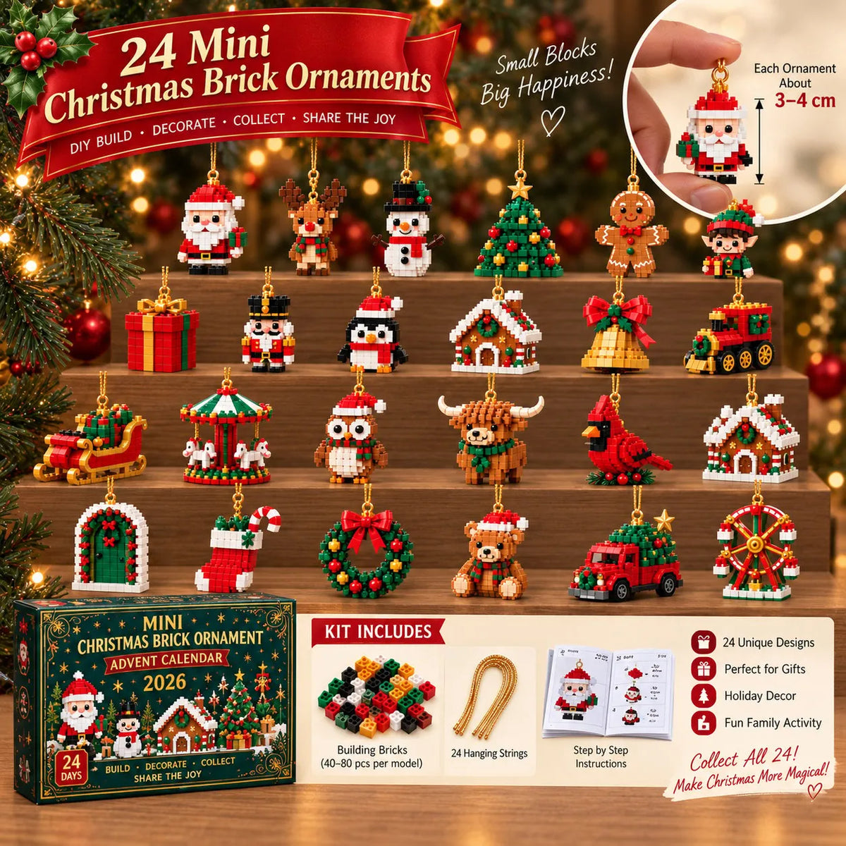 Mini Brick Advent Calendar with 24 Hanging Christmas Building Sets