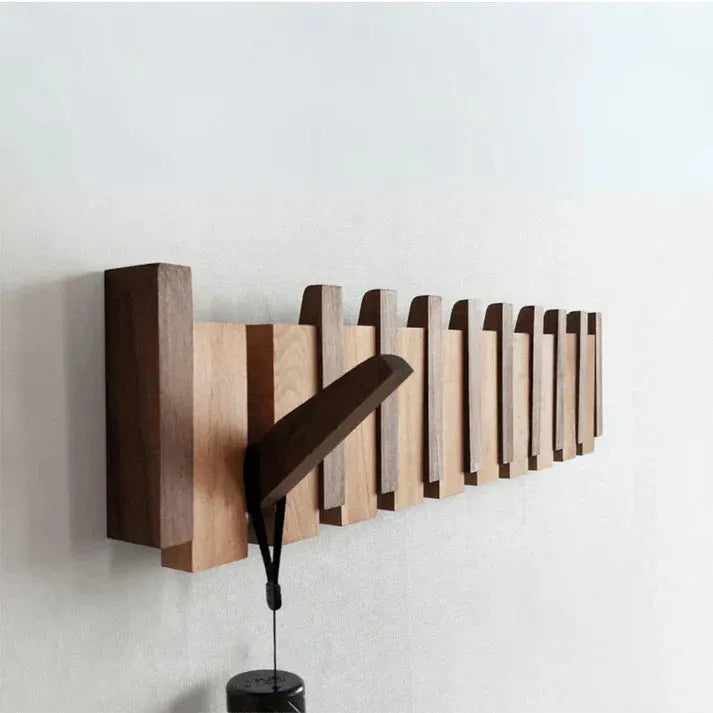 Piano Wooden Wall Coat Rack with Foldable Hooks