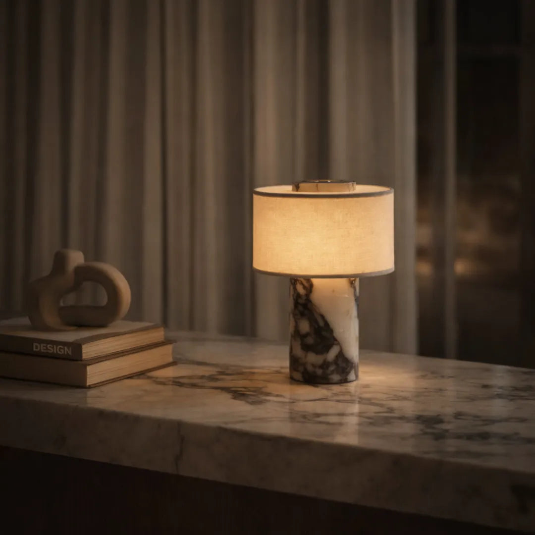 Portable Cordless Marble and Linen LED Table Lamp