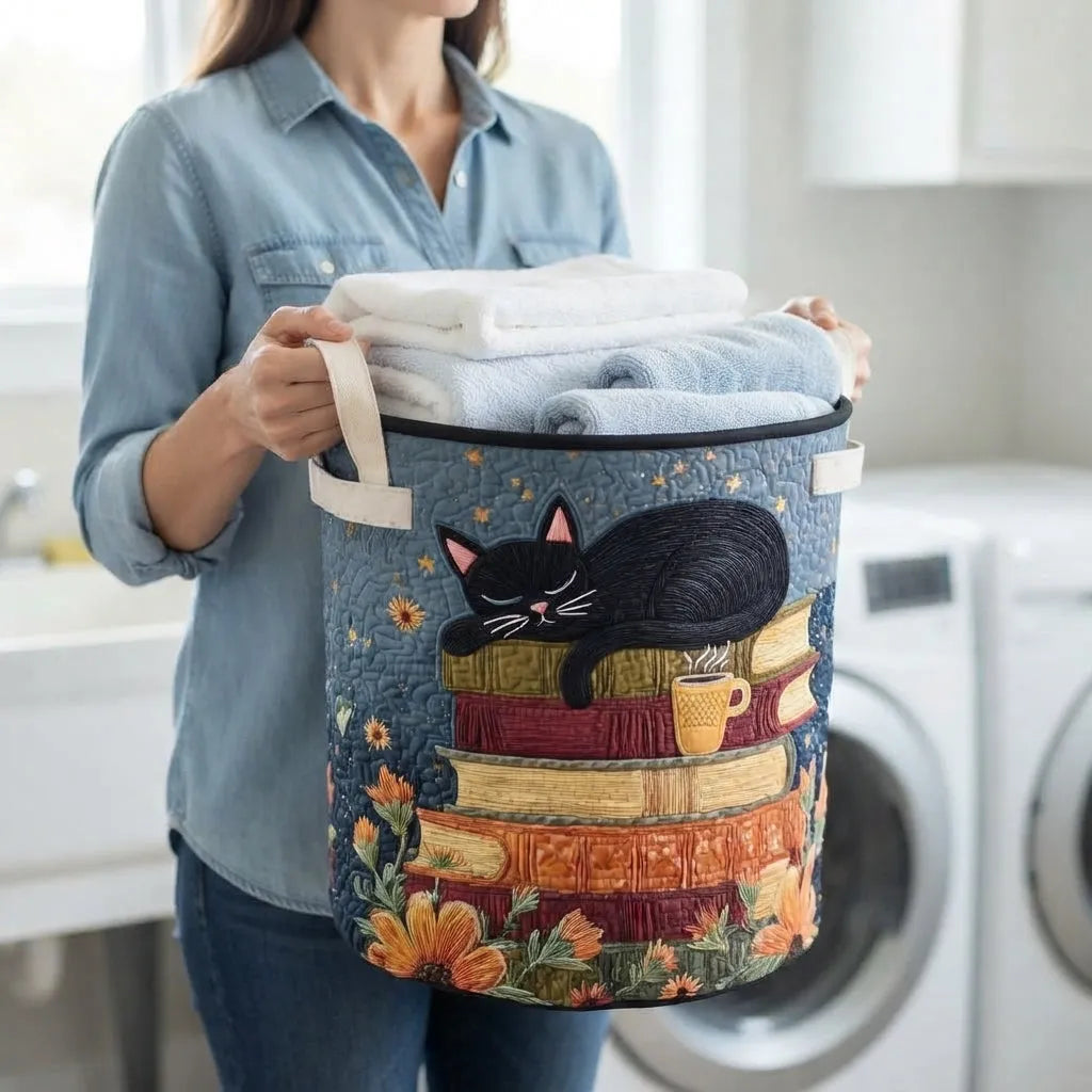 Quilted Cat Library Laundry Basket with Handles