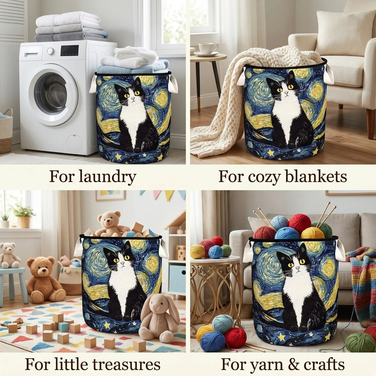 Quilted Cat Print Laundry Basket with Canvas Handles