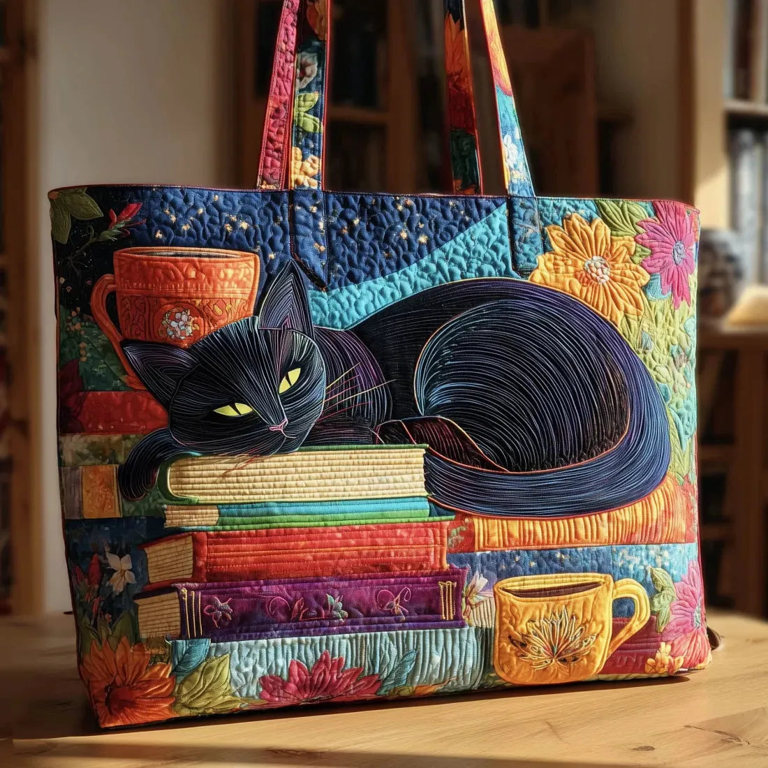 Quilted Cat Print Shoulder Tote Bag with Lining