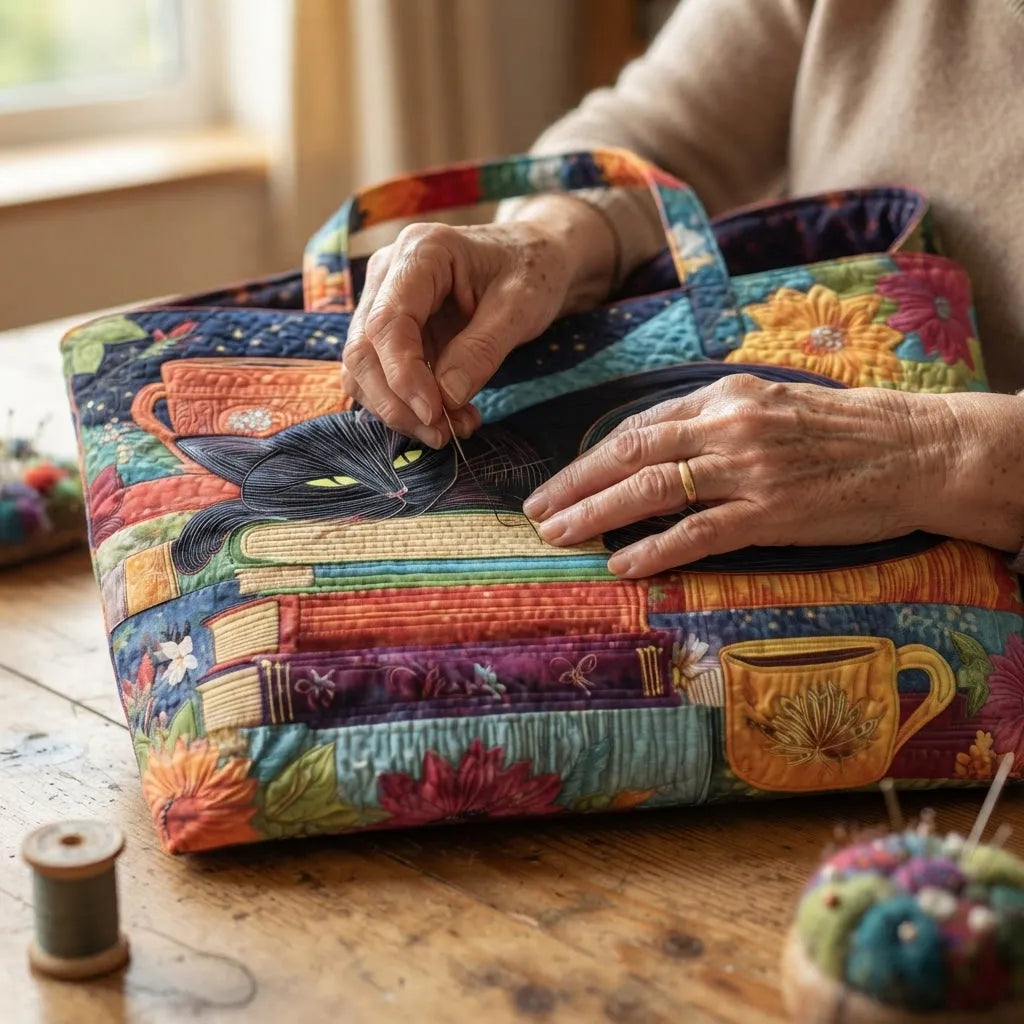 Quilted Cat Print Shoulder Tote Bag with Lining