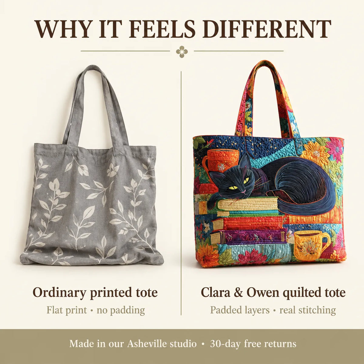 Quilted Cat Print Shoulder Tote Bag with Lining