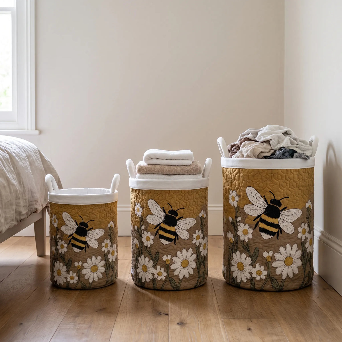 Quilted Daisy and Bee Freestanding Laundry Basket