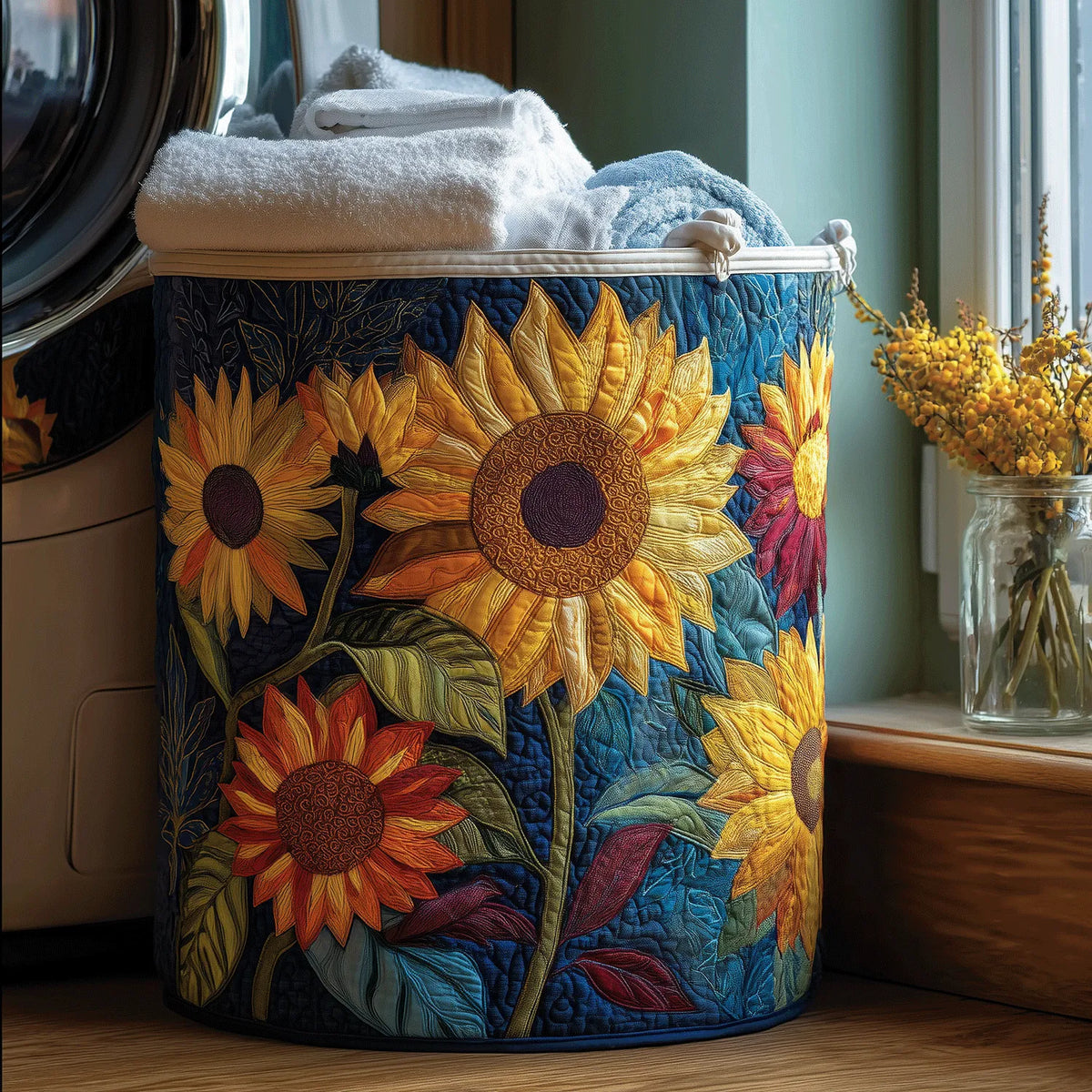 Quilted Floral Laundry Basket with Sturdy Handles