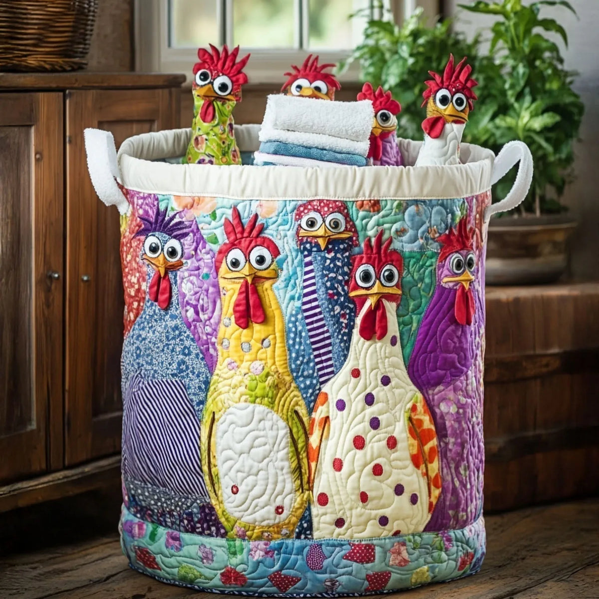 Quilted Laundry Basket with Embroidered Rooster Motif