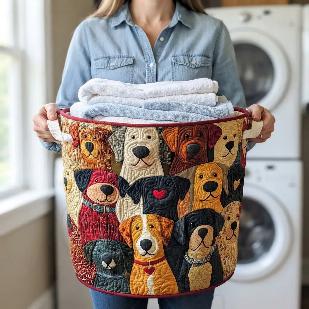 Quilted Puppy Patchwork Laundry Basket with Canvas Handles