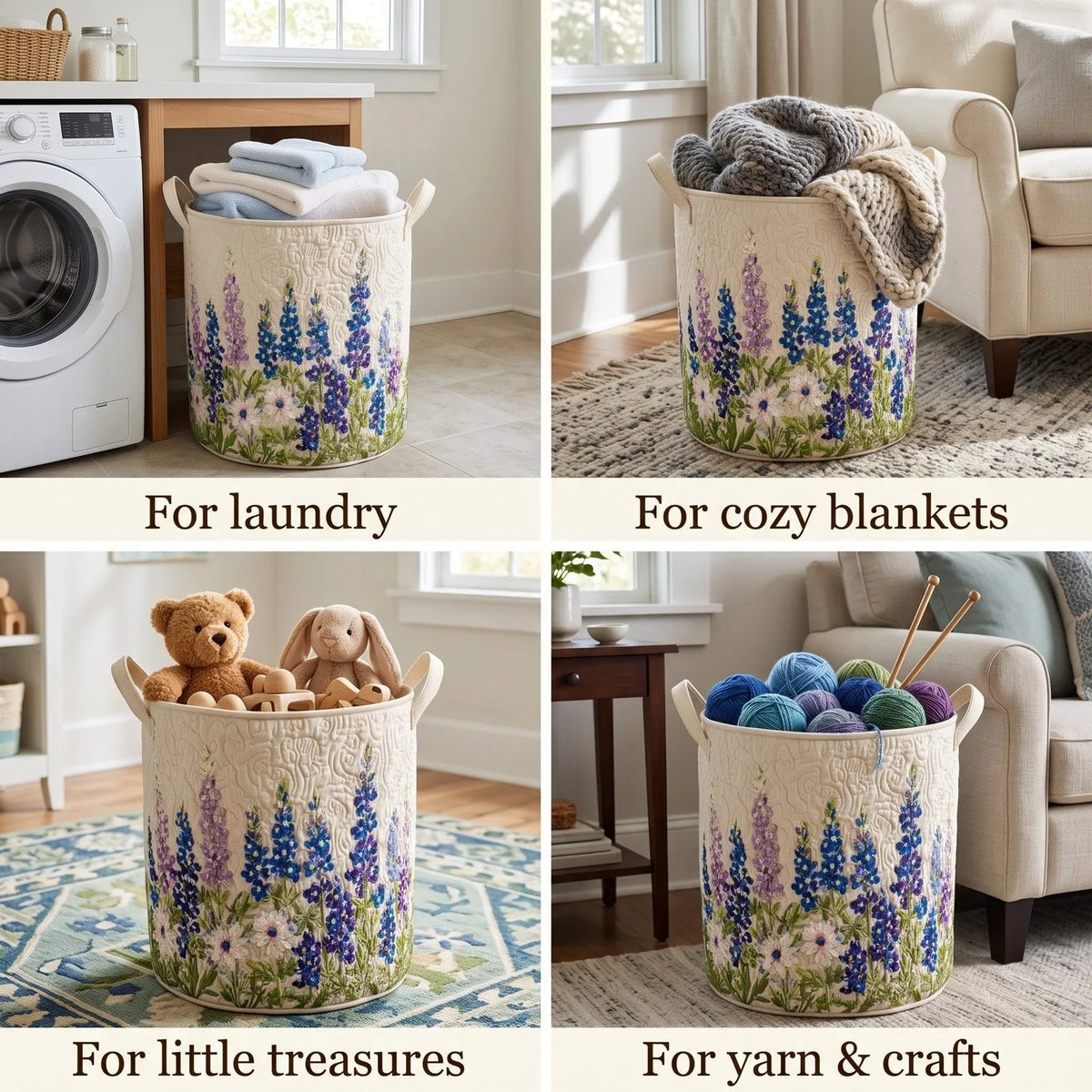 Quilted Wildflower Laundry Basket with Canvas Handles