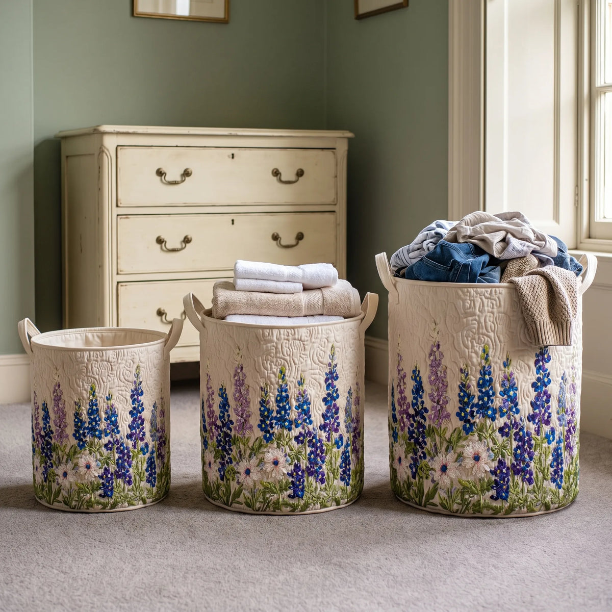 Quilted Wildflower Laundry Basket with Canvas Handles