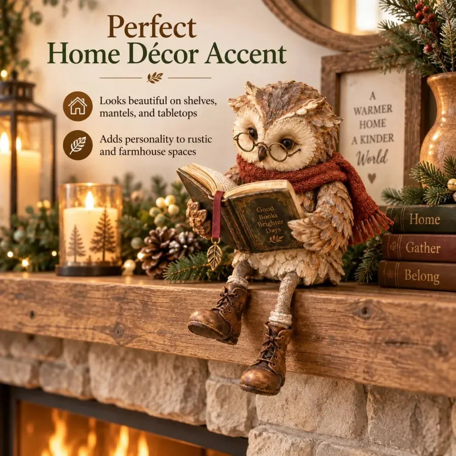 Reading Owl Decorative Figurine with Glasses and Scarf