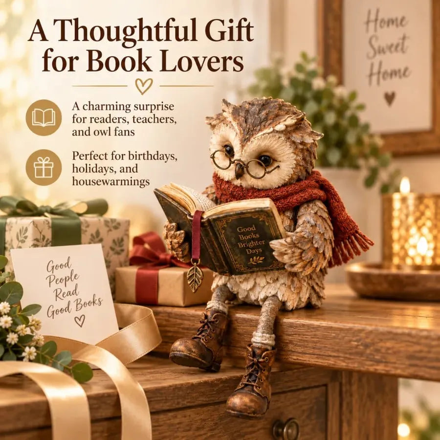 Reading Owl Decorative Figurine with Glasses and Scarf