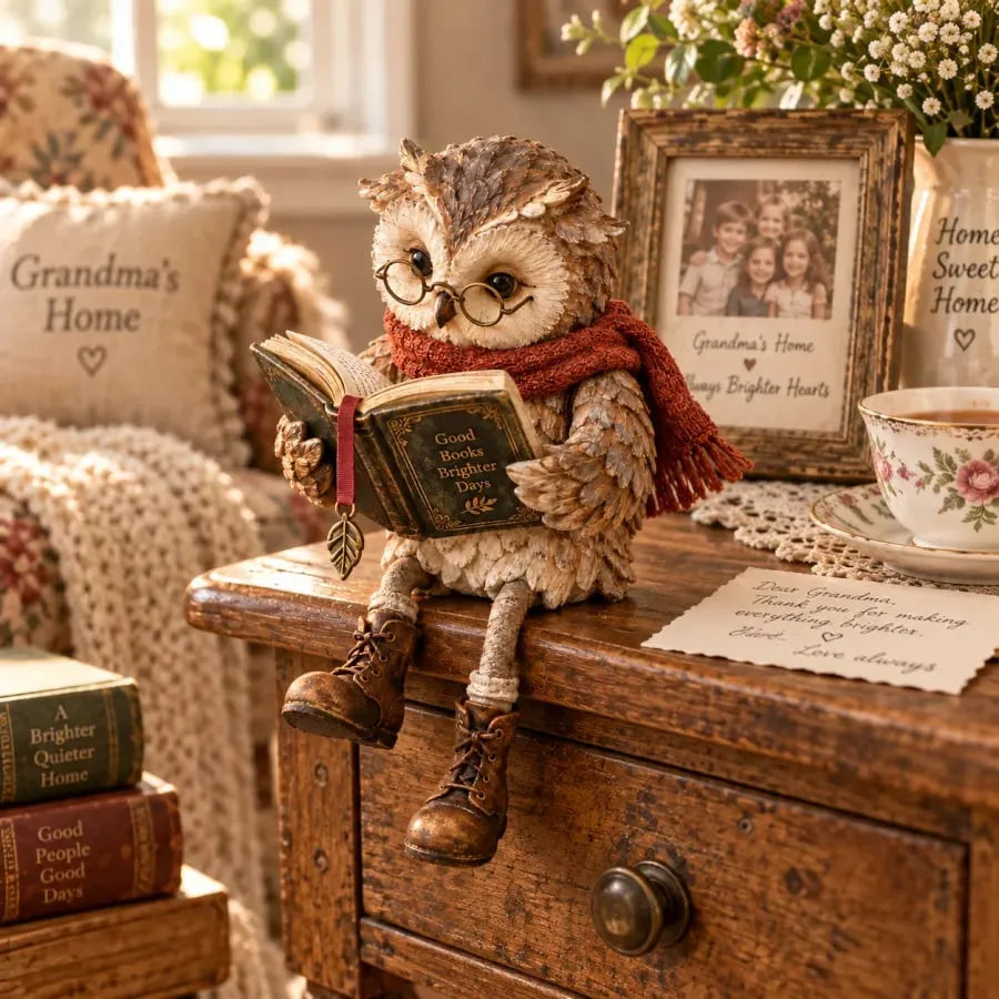 Reading Owl Decorative Figurine with Glasses and Scarf