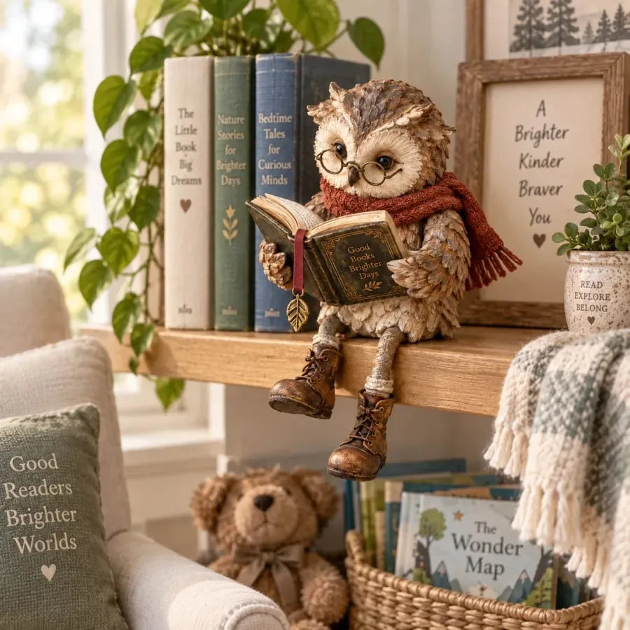 Reading Owl Decorative Figurine with Glasses and Scarf