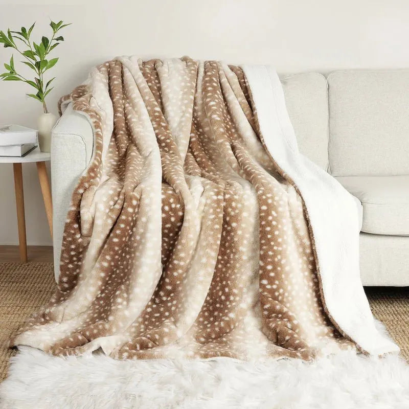 Reversible Faux Fur Deer Print Throw Blanket