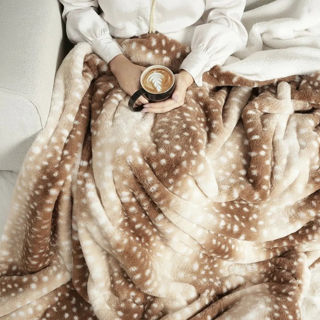 Reversible Faux Fur Deer Print Throw Blanket