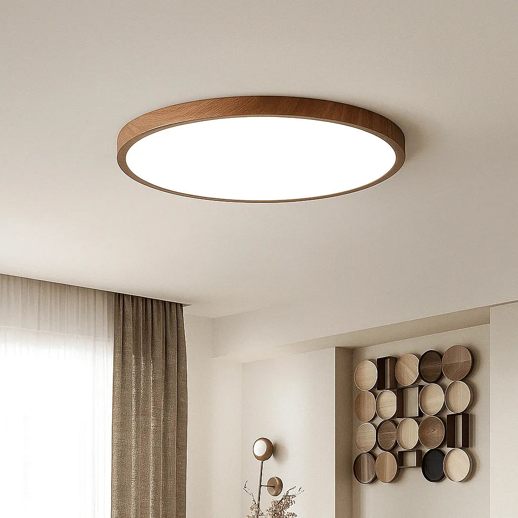 Round Ultra-Thin Wood Grain LED Ceiling Light with Low Profile Design