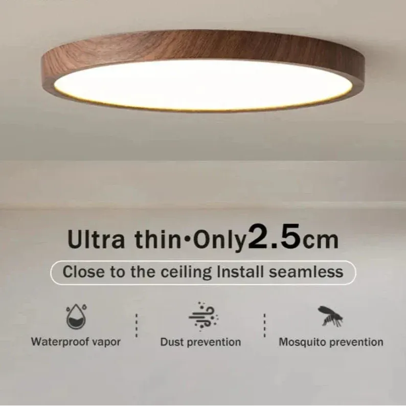Round Ultra-Thin Wood Grain LED Ceiling Light with Low Profile Design