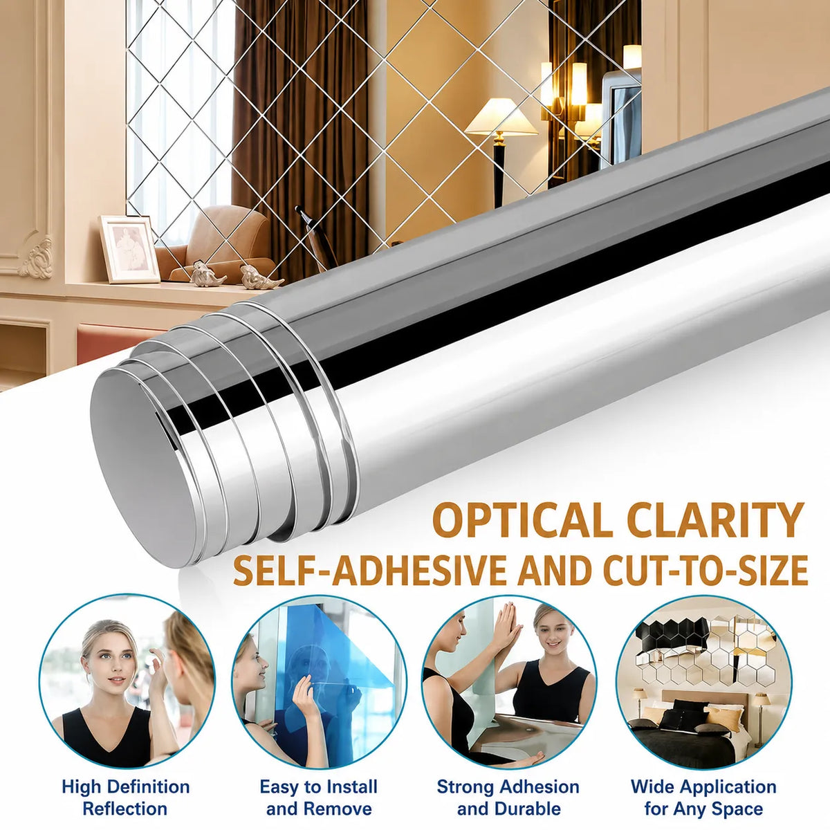 Self-Adhesive Shatterproof Mirror Film with Trimmable Design