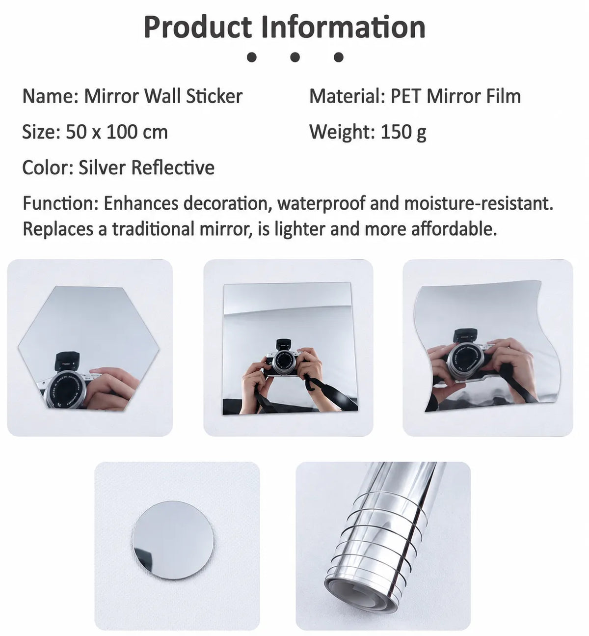 Self-Adhesive Shatterproof Mirror Film with Trimmable Design
